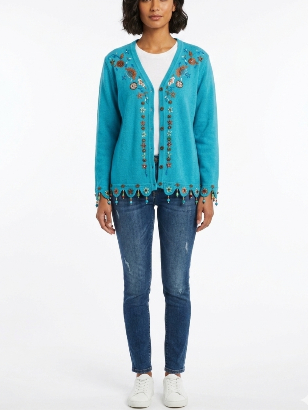 Storybook knit Cardigan sweater Beaded women's teal blue large Cottagecore 257